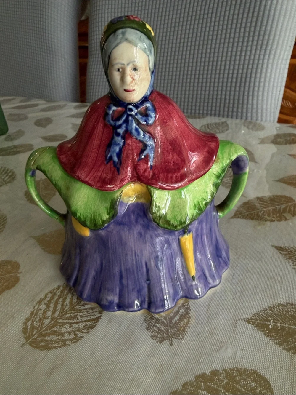 Hand-Painted Vintage Ceramic Figurine Sugar Bowl in Purple, Green, Red English